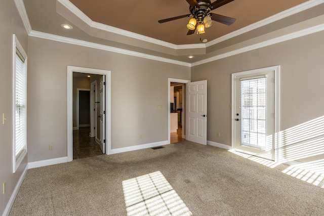 carpeted spare room featuring a raised ceiling, ceiling fan, and ornamental molding