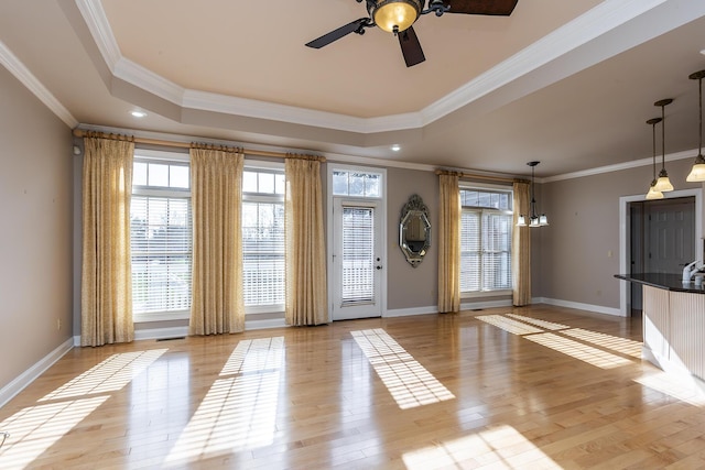 interior space featuring crown molding, light hardwood / wood-style floors, and a raised ceiling