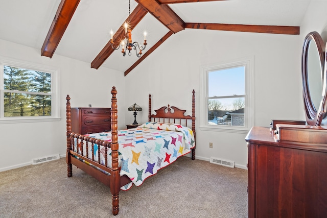 carpeted bedroom featuring ceiling fan with notable chandelier and lofted ceiling with beams