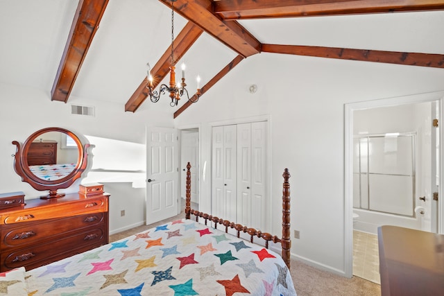 carpeted bedroom with a closet, ensuite bathroom, vaulted ceiling with beams, and a notable chandelier