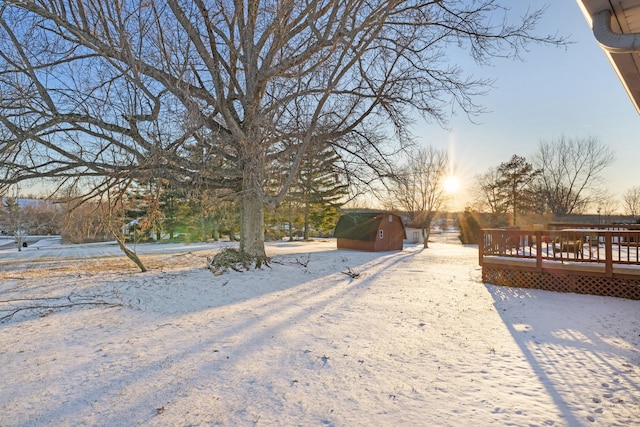 snowy yard featuring a shed and a wooden deck