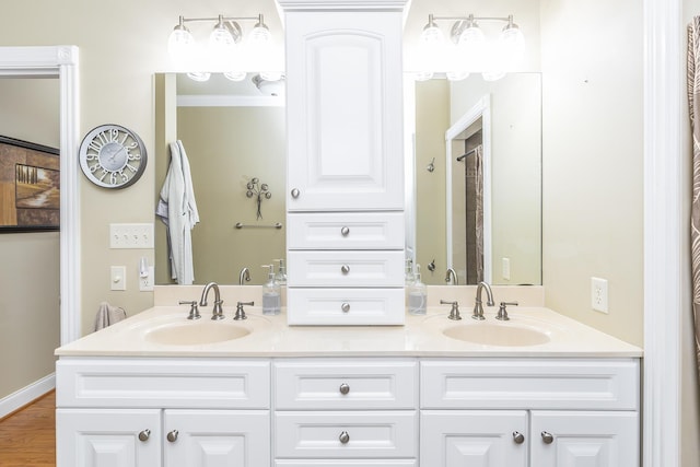 bathroom with vanity, wood-type flooring, and ornamental molding