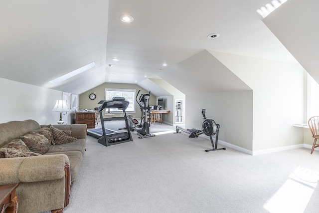 workout area featuring light carpet and lofted ceiling