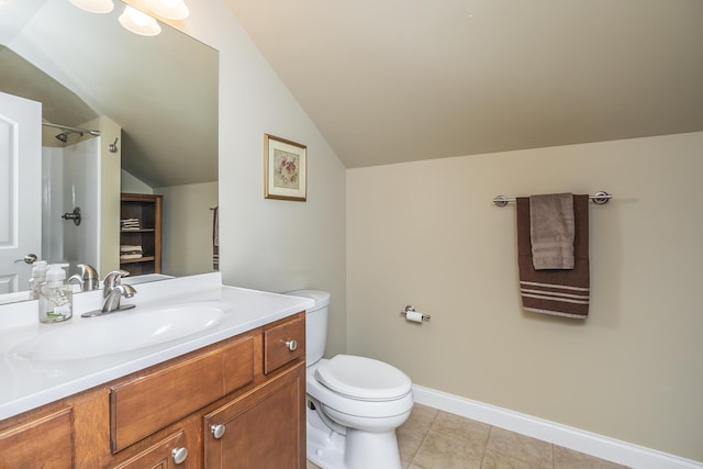 bathroom with walk in shower, lofted ceiling, toilet, tile patterned floors, and vanity