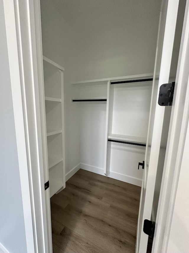 walk in closet with dark hardwood / wood-style floors