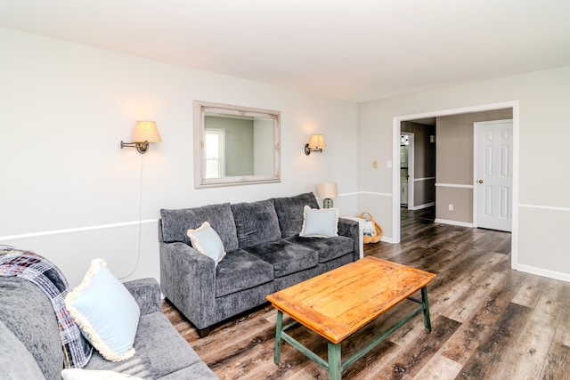 living room with dark hardwood / wood-style flooring