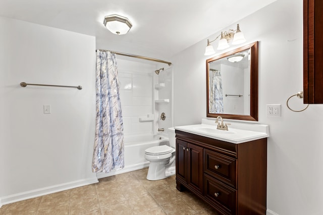 bathroom featuring baseboards, toilet, tile patterned flooring, shower / bath combo with shower curtain, and vanity