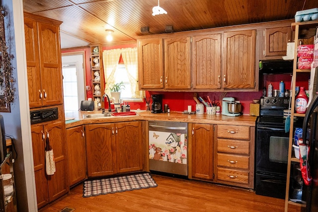 kitchen with sink, electric range, light hardwood / wood-style floors, stainless steel dishwasher, and wood ceiling