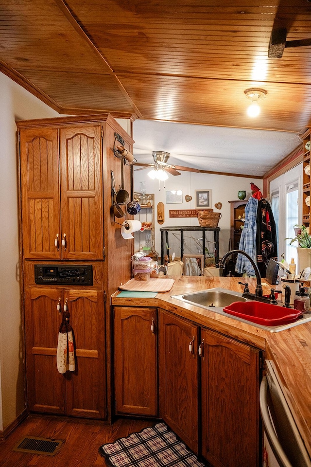 kitchen featuring dark hardwood / wood-style flooring, sink, wood ceiling, and dishwashing machine