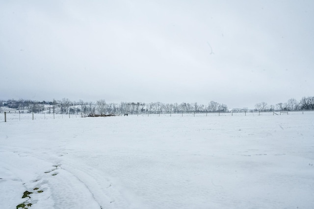 yard layered in snow featuring a rural view