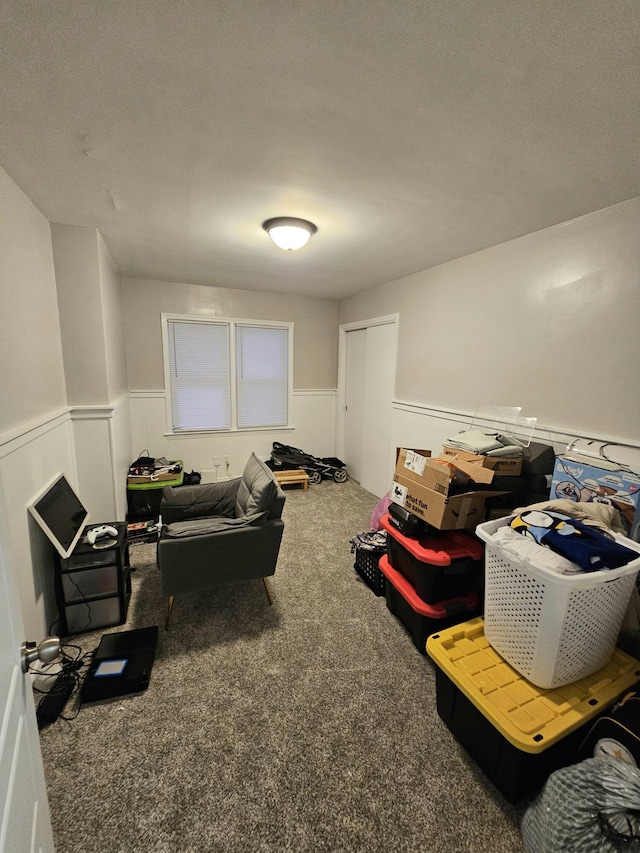 misc room with a wainscoted wall and carpet floors