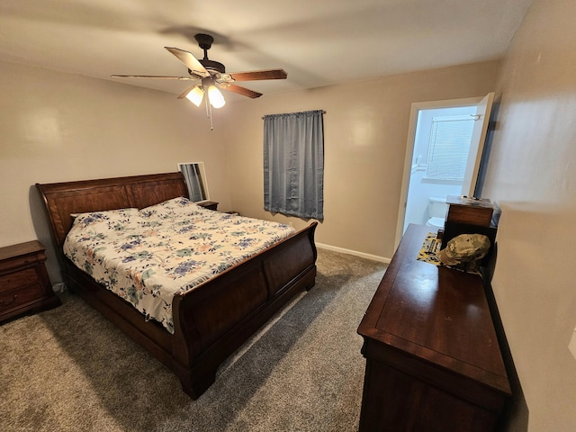 bedroom featuring a ceiling fan, dark colored carpet, and baseboards