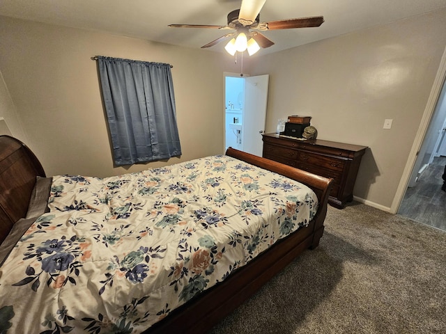 bedroom featuring carpet, a ceiling fan, and baseboards