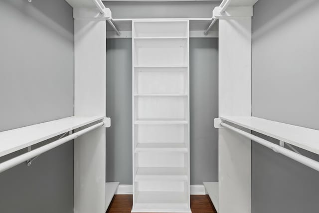 walk in closet with dark wood-type flooring