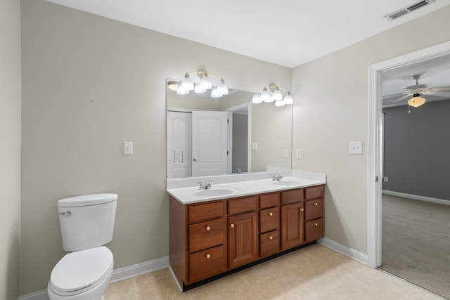 bathroom with vanity, ceiling fan, and toilet