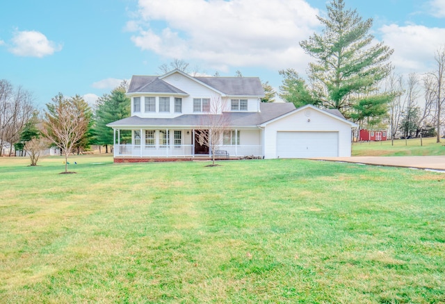 view of front of home featuring a garage, covered porch, and a front lawn