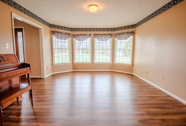 unfurnished dining area with hardwood / wood-style flooring, plenty of natural light, and a textured ceiling