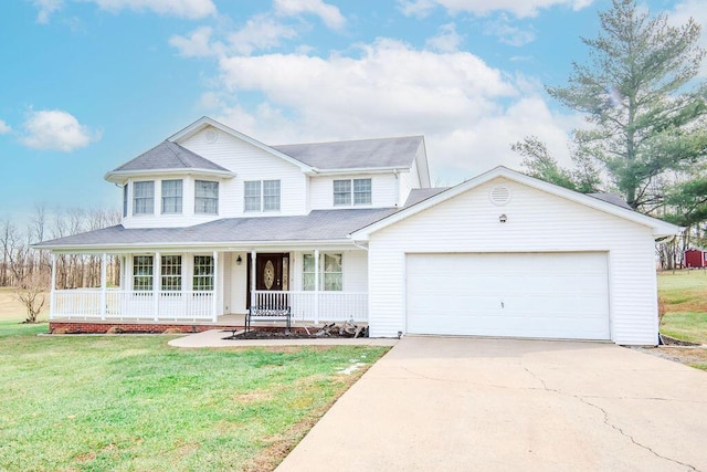 view of front facade with a garage, covered porch, and a front lawn