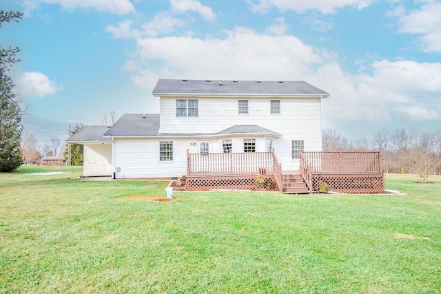 back of property featuring a lawn and a deck