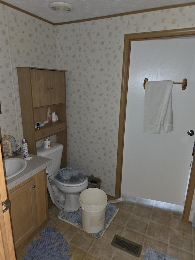 bathroom featuring toilet, vanity, crown molding, and a textured ceiling