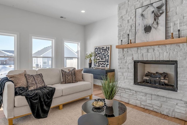 living room featuring wood-type flooring and a stone fireplace