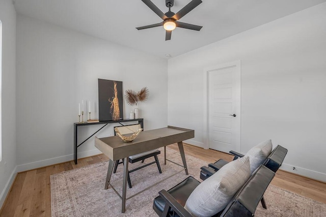 office space with ceiling fan and light wood-type flooring