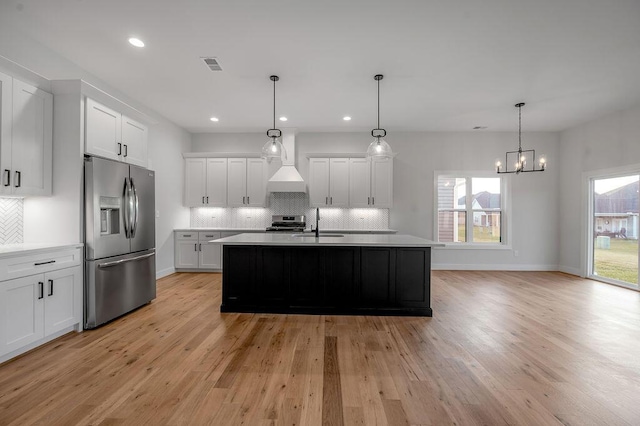 kitchen featuring a center island with sink, appliances with stainless steel finishes, pendant lighting, and white cabinetry