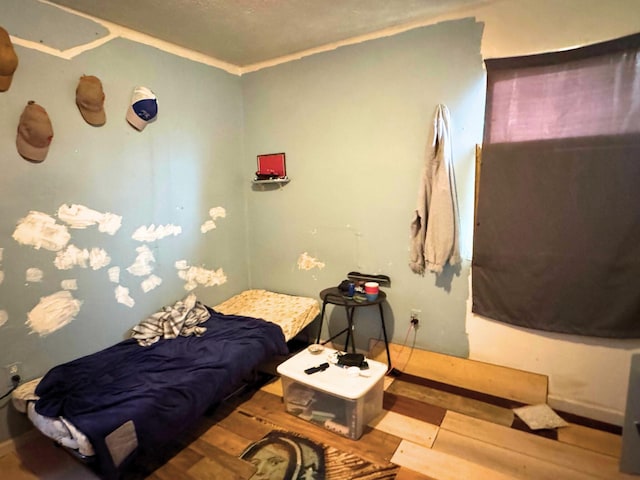 bedroom with light hardwood / wood-style floors and ornamental molding