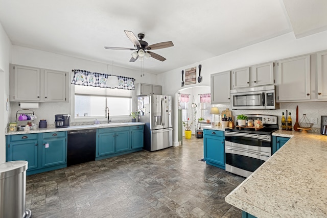 kitchen featuring appliances with stainless steel finishes, sink, blue cabinets, backsplash, and ceiling fan