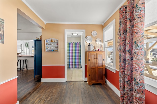 interior space with crown molding and dark hardwood / wood-style floors