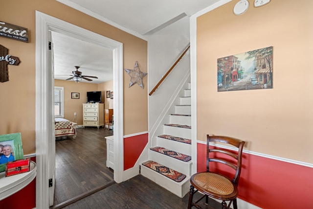 stairway featuring hardwood / wood-style flooring and ceiling fan