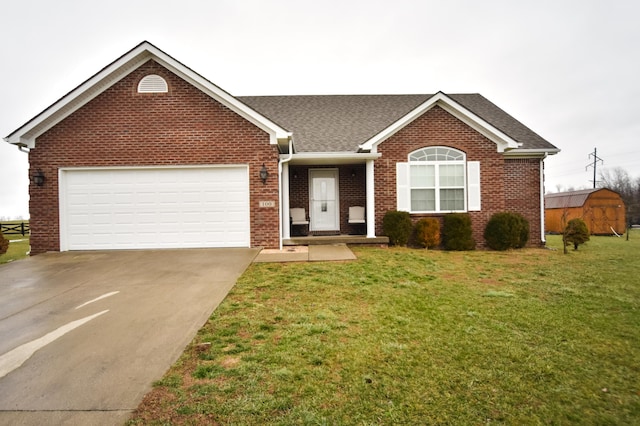 single story home with a front lawn and a garage