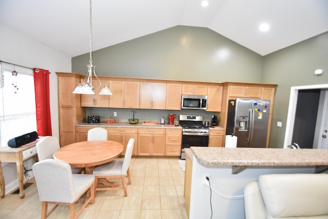 kitchen featuring decorative light fixtures, light tile patterned flooring, stainless steel appliances, high vaulted ceiling, and light brown cabinetry