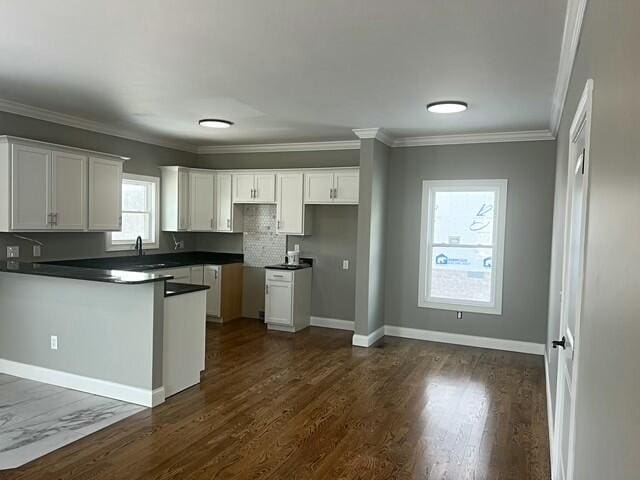 kitchen featuring white cabinets, decorative backsplash, dark hardwood / wood-style floors, and crown molding