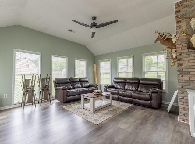 1216 Maple Hill Dr, Somerset, KY 42503 - living area featuring vaulted ceiling, a ceiling fan, wood finished floors, and baseboards