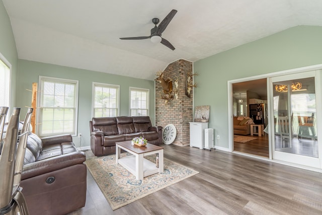 1216 Maple Hill Dr, Somerset, KY 42503 - living area with vaulted ceiling, a ceiling fan, wood finished floors, and baseboards