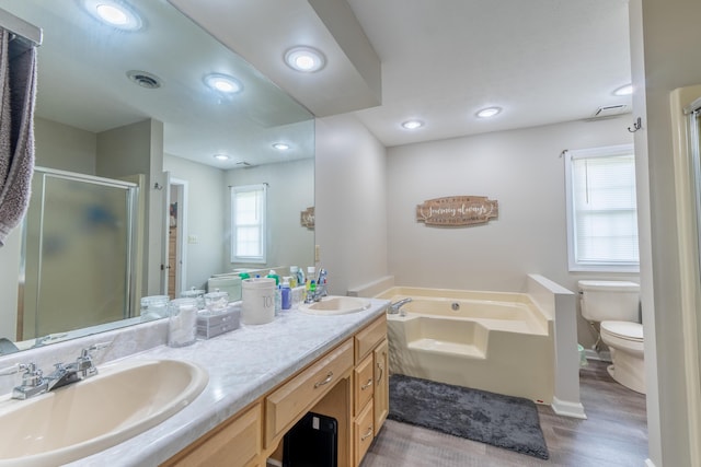 1216 Maple Hill Dr, Somerset, KY 42503 - bathroom with a stall shower, a garden tub, double vanity, toilet, and wood finished floors
