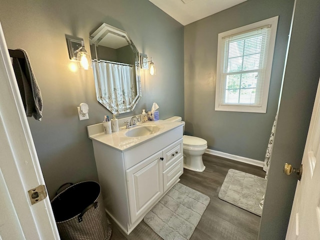 bathroom featuring toilet, vanity, and wood-type flooring