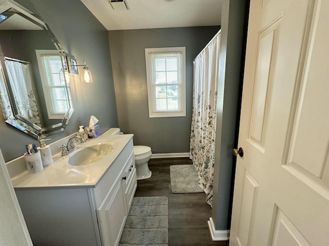 bathroom featuring toilet, vanity, and wood-type flooring