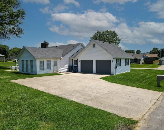 1216 Maple Hill Dr, Somerset, KY 42503 - ranch-style house with a front yard, an attached garage, driveway, a chimney, and a shingled roof