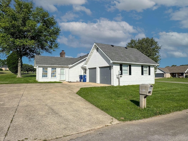 1216 Maple Hill Dr, Somerset, KY 42503 - view of front of property with a garage, a front yard, a chimney, concrete driveway, and a shingled roof