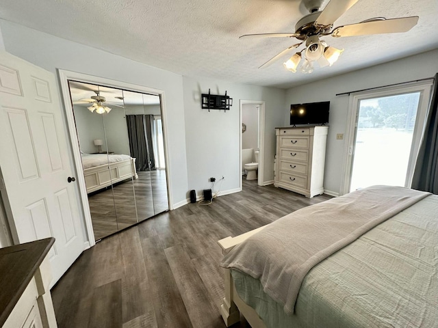 bedroom with ceiling fan, ensuite bath, a textured ceiling, a closet, and dark hardwood / wood-style flooring