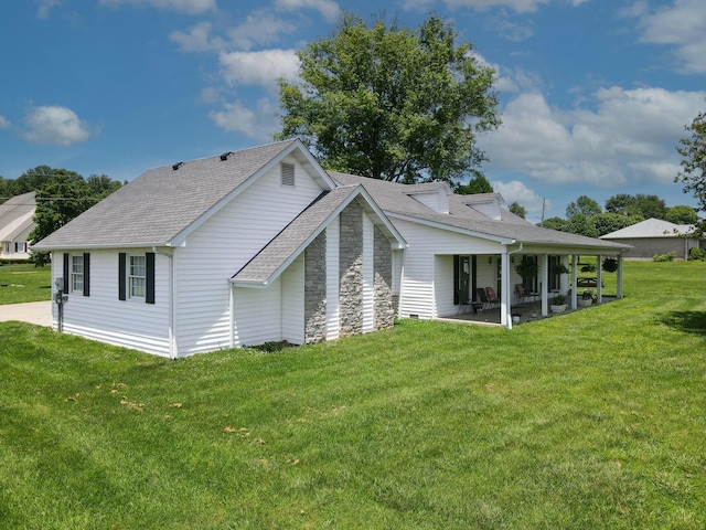 1216 Maple Hill Dr, Somerset, KY 42503 - rear view of house with a shingled roof, a lawn, a patio area, and stone siding