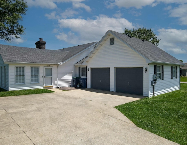 1216 Maple Hill Dr, Somerset, KY 42503 - ranch-style home with a shingled roof, a chimney, a front yard, driveway, and an attached garage