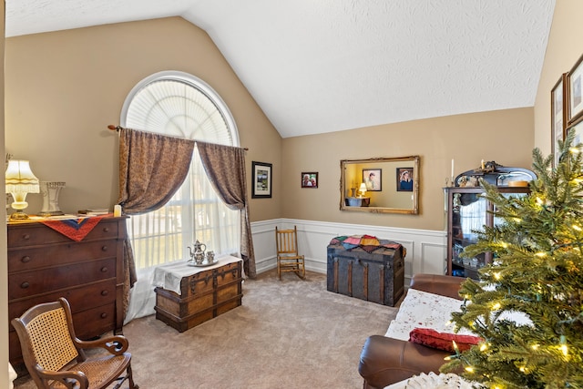 sitting room featuring lofted ceiling, light carpet, and a textured ceiling