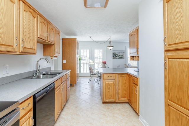 kitchen with decorative light fixtures, kitchen peninsula, sink, black dishwasher, and french doors