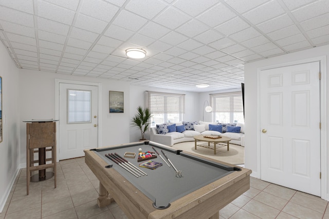 playroom with light tile patterned flooring, a drop ceiling, and billiards