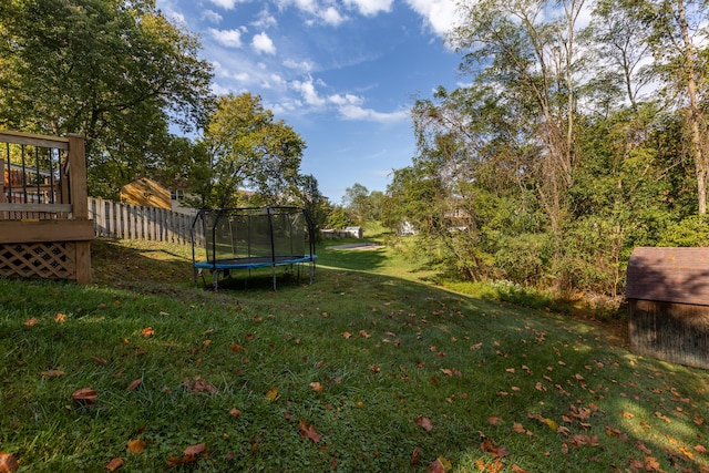 view of yard featuring a deck, a shed, and a trampoline