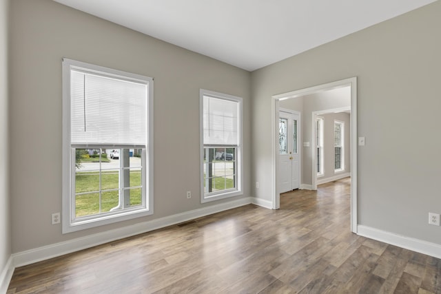 spare room featuring a wealth of natural light and hardwood / wood-style floors