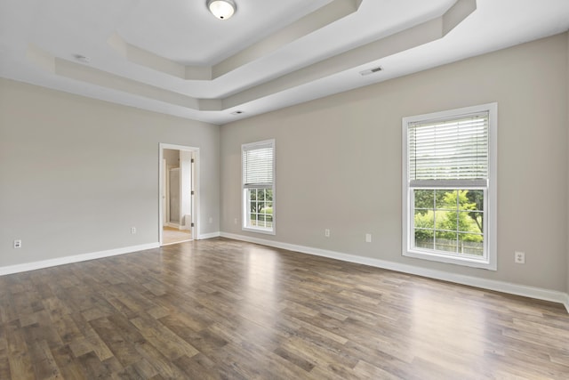 spare room with hardwood / wood-style floors and a raised ceiling